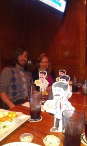 Kevin Tkacz and Kyla Koboski (with #flattesla) at a Hope College Group Dinner while at the 2013 APS March Meeting